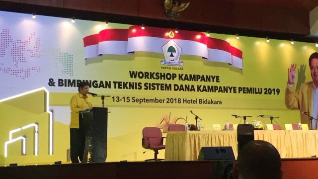 Airlangga Hatarto dalam penutupan Workshop dan BimTek Partai Golkar di Bidakara, Sabtu (15/9/2018). (Foto: Reki Febrian/kumparan)