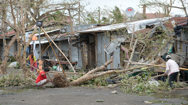 Sejumlah warga menebang pohon yang tumbang kerena Topan Besar Mangkhut. (Foto: AFP PHOTO / TED ALJIBE)