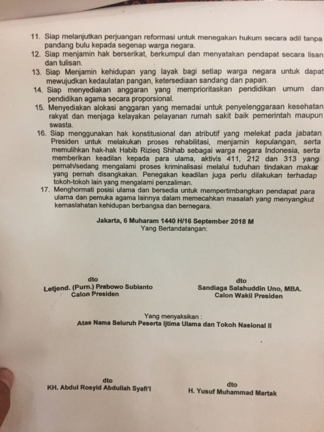 Pakta  Integritas Prabowo-Sandi dengan Ijtima Ulama (Foto: Raga Imam/kumparan)