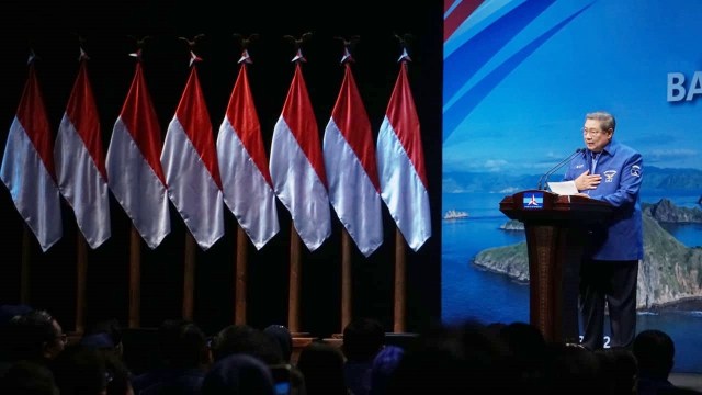 Presiden Indonesia ke-6 Susilo Bambang Yudhoyono memberikan pidato akbar HUT Partai Demokrat ke-17 di Djakarta Theater, Jakartaa Pusat (17/9). (Foto: Iqbal Firdaus/kumparan)