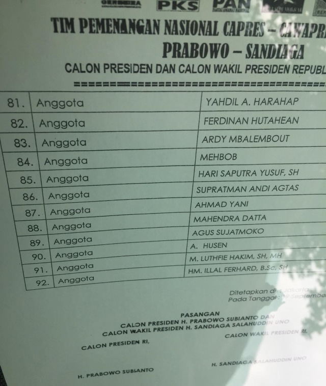 Daftar sebagian tim pemenangan Prabowo-Sandi yang berjumlah 92 orang. (Foto: Ricad Saka/kumparan)