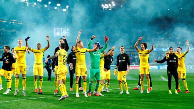 Pemain Borussia Dortmund rayakan kemenangan atas Club Brugge. (Foto: REUTERS/Francois Lenoir)