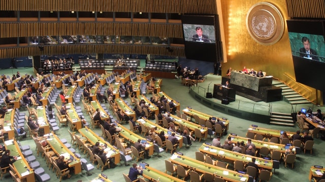 Pidato Jusuf Kalla saat Sidang Umum PBB di New York, Amerika Serikat. (Foto: Ananda Teresia/kumparan)