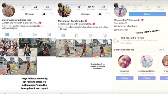 Unggahan anak Mayangsari soal akun Instagram ibunya. (Foto: Instagram @khiranitrihatmodjo)