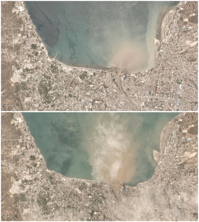 Gambar satelit menunjukkan Kota Palu, pada 25 September 2018 (atas) dan pada 29 September 2018 (bawah). (Foto: Planet Labs Inc/Handout via REUTERS)
