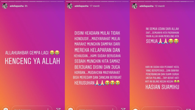 Unggahan istri Pasha Ungu di Instagram soal gempa Palu (Foto: Instagram @adeliapasha)