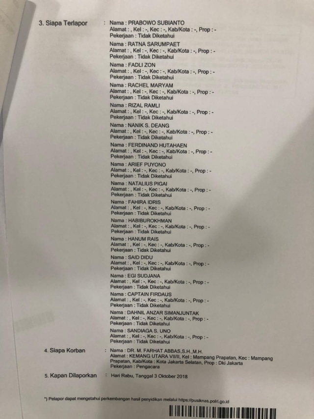Daftar nama orang yang dilaporkan Farhat Abbas (Foto: Dok. Istimewa)