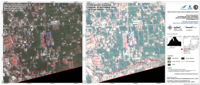 Kondisi di Sebagian Wilayah Sulawesi Tengah Sebelum dan Sesudah Gempa dan Tsunami (Foto: Dok. LAPAN)