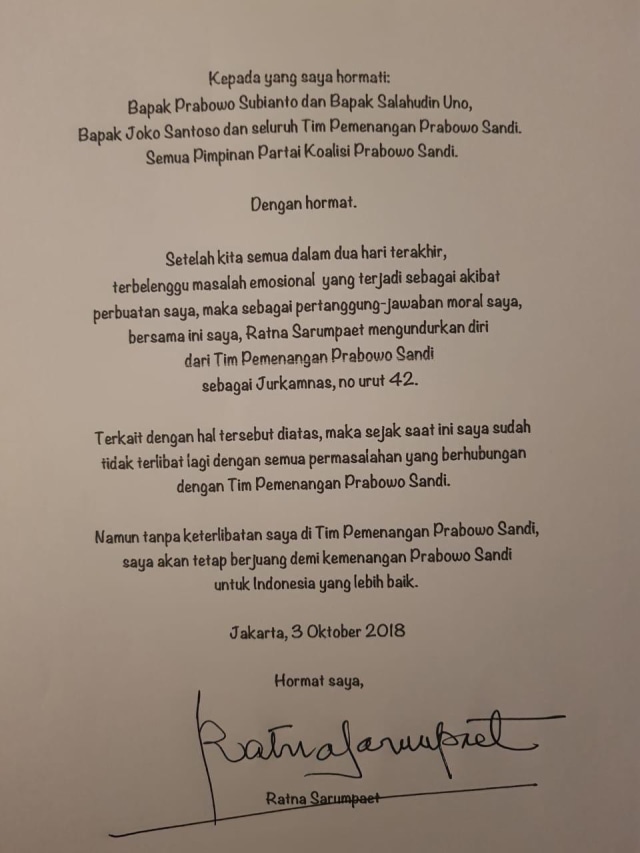Surat pengunduruan diri Ratna Sarumpaet dari timses Prabowo-Sandi. (Foto: dok. Istimewa)