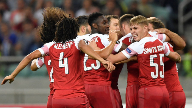 Pemain Arsenal rayakan gol di laga vs Qarabag  FK. (Foto: Alexander NEMENOV / AFP)