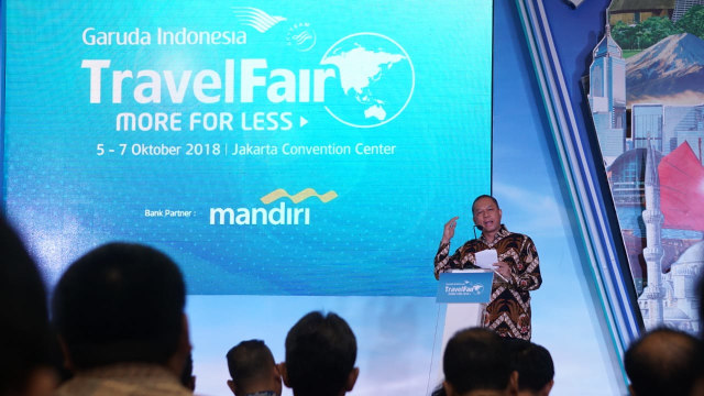Direktur Niaga GIAA, Pikri Ilham Kurniansyah memberikan sambutan pada pembukaan Garuda Indonesia Travel Fair. (Foto: Iqbal Firdaus/kumparan)