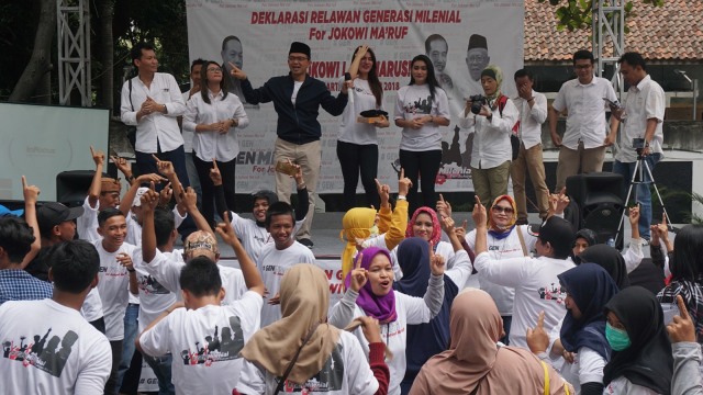 Suasana acara Deklarasi Relawan Generasi Milenial Jokowi dan Maaruf Amin di Gedung Aspirasi, Jakarta, Sabtu (6/10/2018). (Foto: Fanny Kusumawardhani/kumparan)