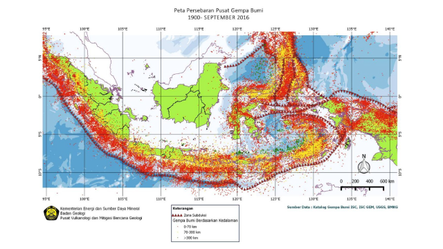 Peta riwayat gempa di Indonesia antara tahun 1900-2016 (Foto: PVMBG ESDM)