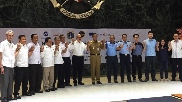 Peluncuran Sistem Integrasi baru bernama Jak Lingko, Senin (8/10/2018). (Foto: Paulina Herasmaranindar/kumparan)