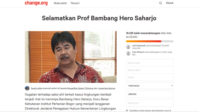 Belasan ribu orang mendukung Guru Besar IPB, Bambang Hero Saharjo dalam gugatan PT JJP. (Foto: Dok. www.changer.org)