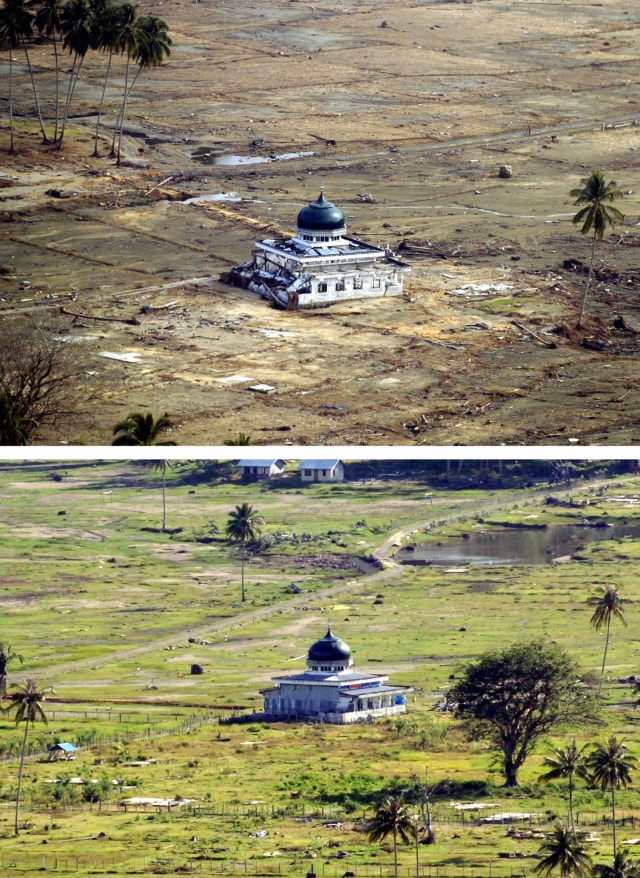 Suasana daerah di sepanjang Pantai Barat Aceh setelah tsunami dan setahun setelah bencana di Aceh pada 19 Januari 2005 (atas) dan 03 Desember 2005 (bawah). (Foto: AFP PHOTO / Adek Berry dan Jewel Samad)