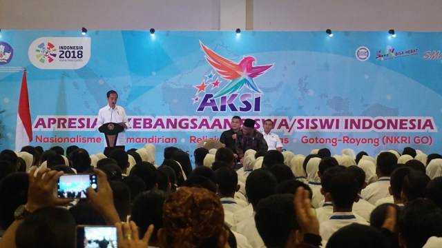 Presiden Jokowi hadiri acara Apresiasi Kebangsaan Siswa/Siswi Indonesia (AKSI) di Sentul, Bogor, Jawa Barat. (Foto: Yudhistira Amran Saleh/kumparan)