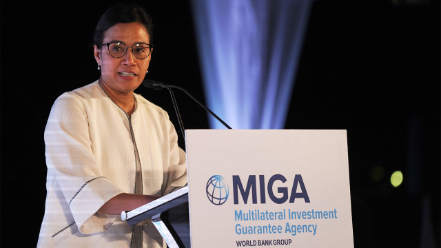 Menkeu, Sri Mulyani Indrawati menyampaikan sambutan saat hadiri Remark Multilateral Investment Guarantee Agency (MIGA). (Foto: ANTARA FOTO/ICom/AM IMF-WBG/Jefri Tarigan)