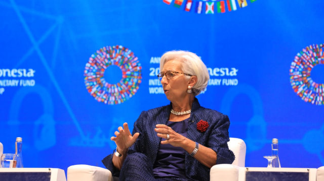 Direktur Pelaksana IMF Christine Lagarde saat menjadi narasumber dalam acara The Bali Fintech, Kamis (11/10/2018). (Foto: Helmi Afandi/kumparan)