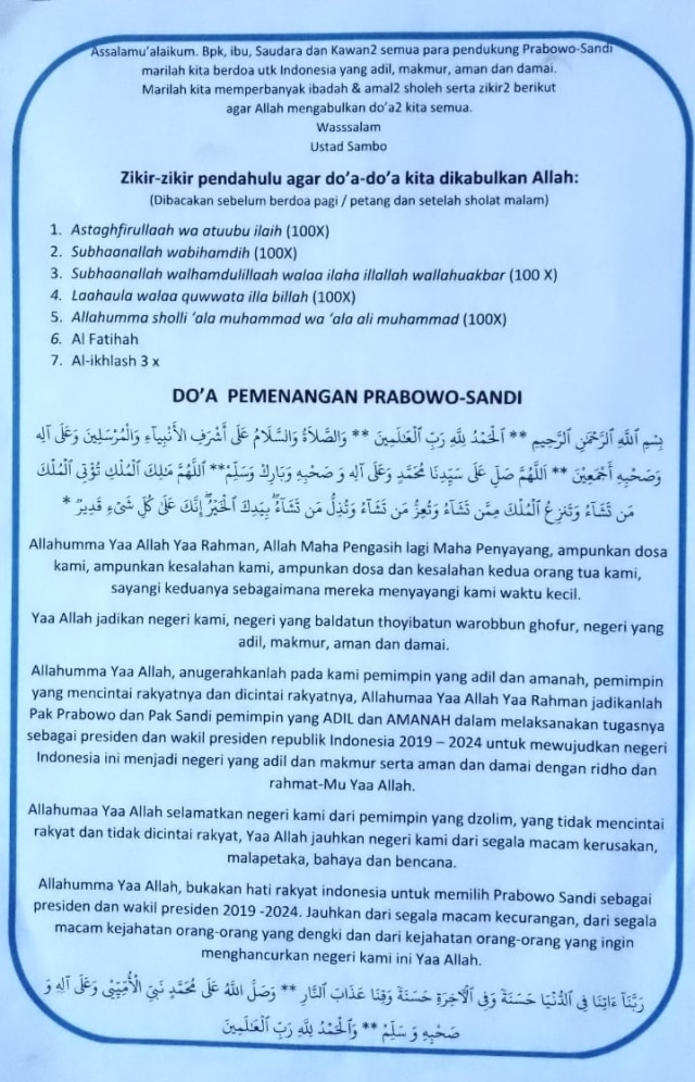 Para pendukung capres-cawapres nomor urut 2 merilis doa kemenangan untuk Prabowo-Sandi (Foto: dok.istimewaa)