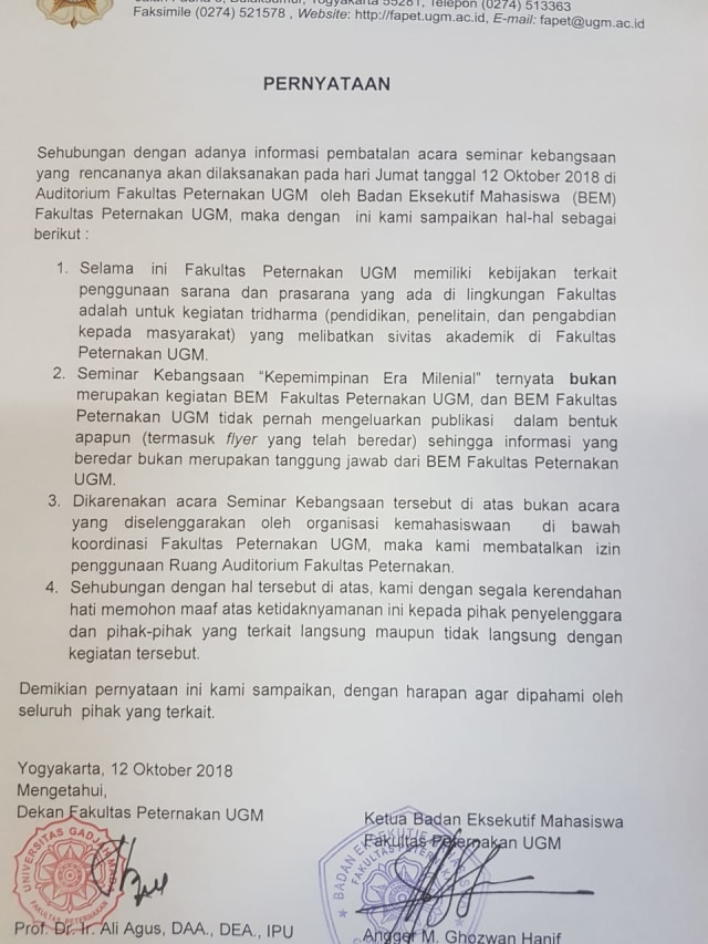 Surat Pernyataan UGM terkait Batalnya Seminar Kebangsaan (Foto: dok. istimewa)