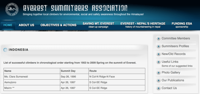 Nama Clara Sumarwati di situs Everest Summiteers Association (Foto: Screenshot)