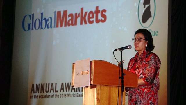 Menteri Keuangan Sri Mulyani mendapat Penghargaan Menteri Keuangan of the Year dari GlobalMarkets, Sabtu (13/10/2018). (Foto: Helmi Afandi Abdullah/kumparan)