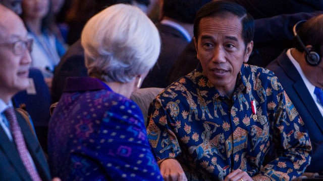 Presiden Joko Widodo di Pertemuan Tahunan IMF World Bank Group 2018 di Nusa Dua, Bali, Jumat (12/10).  (Foto: ANTARA FOTO/ICom/AM IMF-WBG/Afriadi Hikmal)