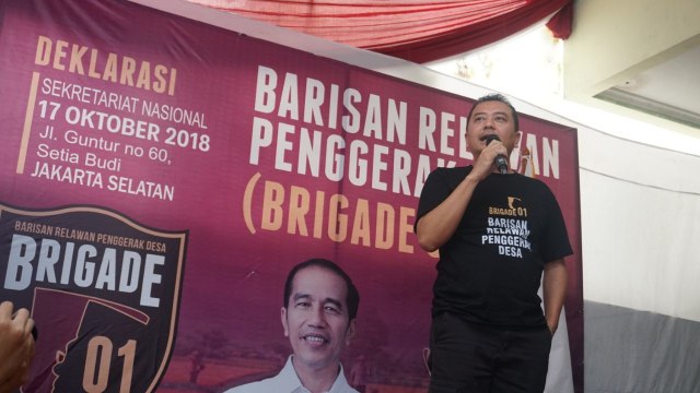 Komandan Nasional Brigade 01, Syaiful Hadi, dalam deklarasi dukungan kepada Jokowi-Ma'ruf Amin. (Foto: Nugroho Sejati/kumparan)