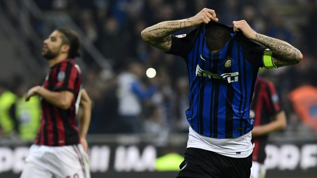 Mauro Icardi merayakan golnya saat Inter Milan menghadapi AC Milan. (Foto: Miguel Medina/AFP)