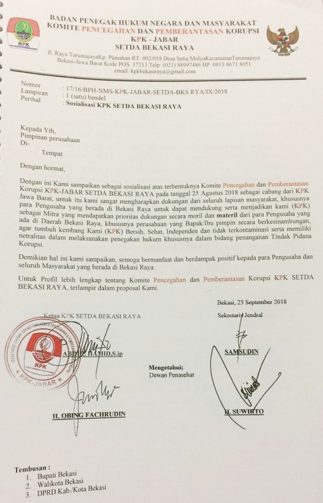 Dokumen lembaga yang diduga mencatut nama dan logo KPK. (Foto: Dok. Istimewa)