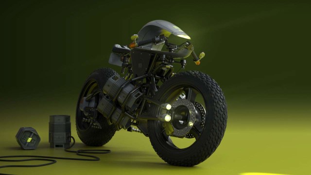Karya desain grafis sepeda motor listrik Sasuga oleh Matt Tkocz tampak depan yang lengkap dengan lampu utamanya (Foto: dok. Ride Apart)