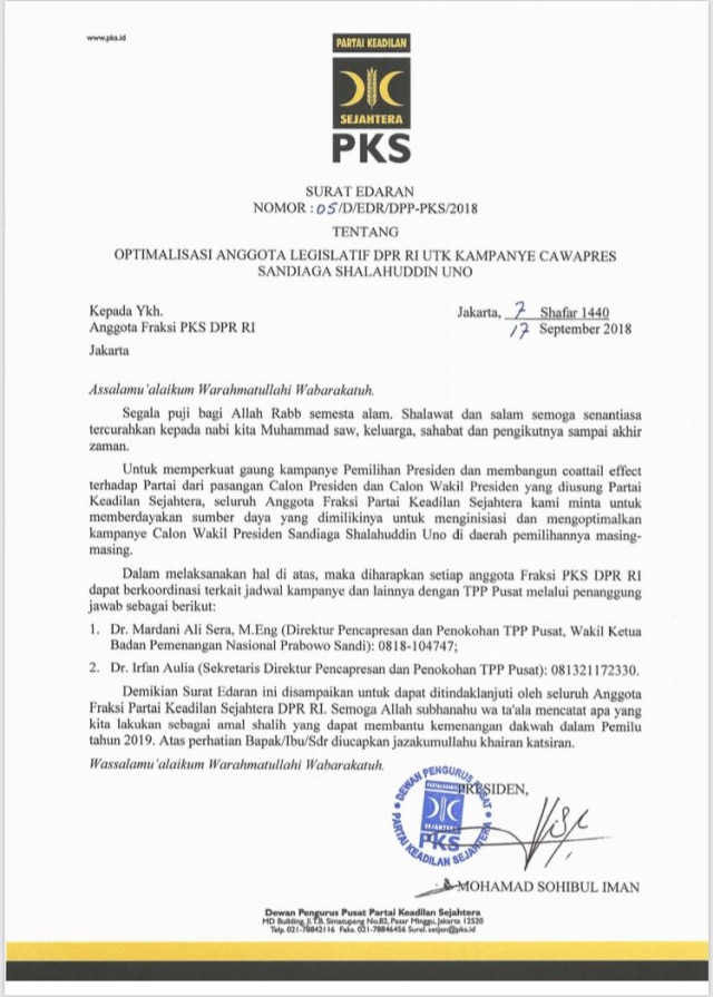 Surat edaran Presiden PKS Sohibul Iman minta seluruh Anggota Fraksi PKS optimal kampanyekan Sandi demi coattail effect. (Foto: Dok. istimewa)
