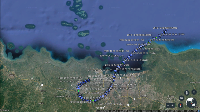 Penampakan rute Lion Air JT-610 via Google Earth. (Foto: Dok. Google Earth)