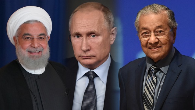 Hassan Rouhani, Vladimir Putin, Mahathir Mohamad. (Foto: AFP PHOTO/Don Emmert, Lilian Suwanrumpha, Ozan Kose)