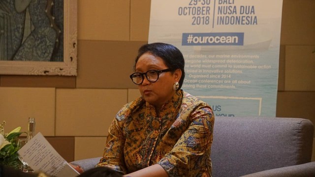 Press conference Menteri Luar Negeri, Retno Marsudi di Our Ocean Conference 2018, Bali, Selasa (30/10/2018). (Foto: Abil Achmad Akbar/kumparan)