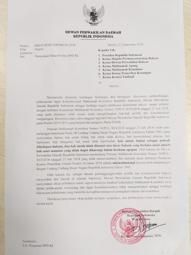 Surat DPD ke Pemerintah (Foto: Istimewa)