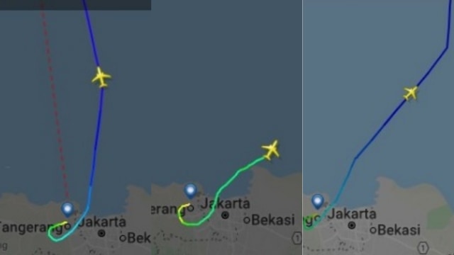 Perbedaan jalur Lion Air JT610 PK-LPQ (kiri), PK-LQP (tengah), PK-LGS (kanan). (Foto: Dok. Flight Radar)