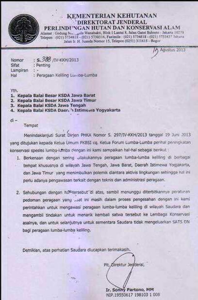 Dirjen PHKA Nomor 5 297/IV-KKH/2013 (Foto: Twitter/Sidiq Nugroho)