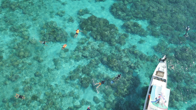 Sejumlah turis berenang menikmati terumbu karang di kepulauan Taka Bonerate, Kabupaten Kepulauan Selayar, Sulawesi Selatan. Foto:  Cornelius Bintang/kumparan