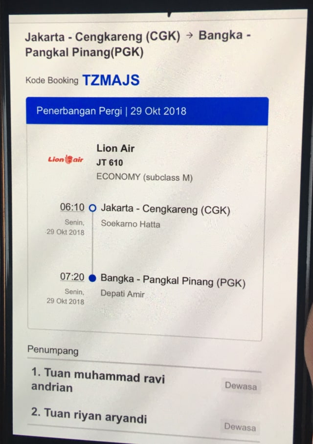 E-Ticket pesawat Lion Air. (Foto: Irish Tamzil/kumparan)