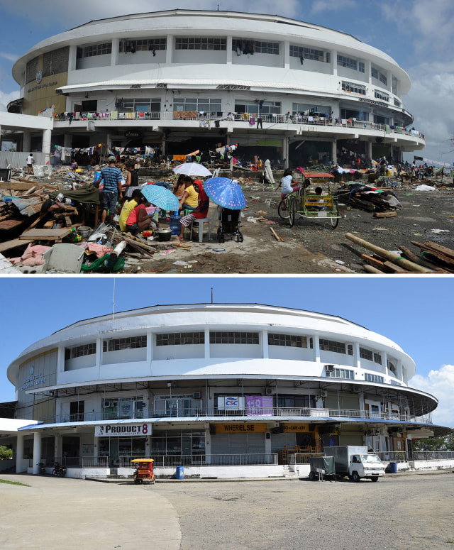Foto kombinasi yang dibuat oleh fotografer AFP, Ted Aljibe saat Filipina terkena topan Super Haiyan dan foto dilokasi yang sama setelah lima tahun. (Foto: AFP/ Ted Aljibe)