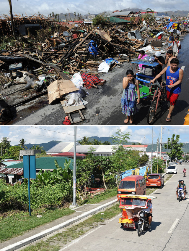 Foto kombinasi yang dibuat oleh fotografer AFP, Ted Aljibe saat Filipina terkena topan Super Haiyan dan foto dilokasi yang sama setelah lima tahun. (Foto: AFP/ Ted Aljibe)