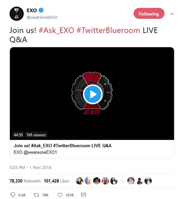 Tayangan Twitter Blue Room EXO raih 1 juta penonton. (Foto: Twitter/weareoneEXO)