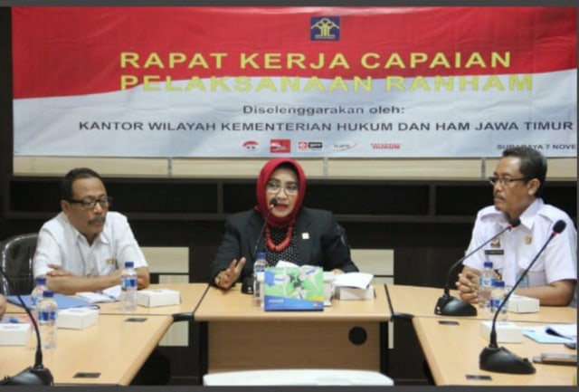 Rapat Kerja capaian pelaksanaan Rencana Aksi HAM di Kantor Wilayah Kementerian Hukum dan Hak Asasi Manusia Jawa Timur. (Foto: Kemenkumham)