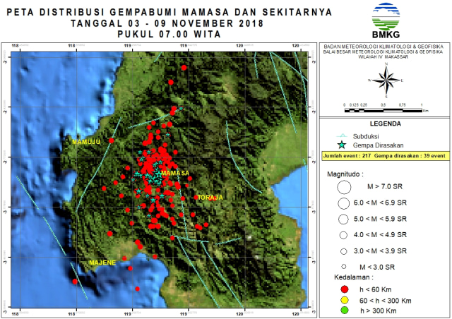 Peta distribusi gempa bumi Mamasa dan sekitarnya, dari 3 November hingga 9 November 2018. (Foto: BMKG)