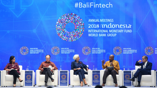 Seminar 'The Bali Fintech Agenda' rangkaian penyelenggaraan pertemuan tahunan IMF World Bank Group 2018 di Nusa Dua, Bali, Kamis (11/10).  (Foto:  ANTARA FOTO/ICom/Am IMF-WBG/Zabur Karuru)