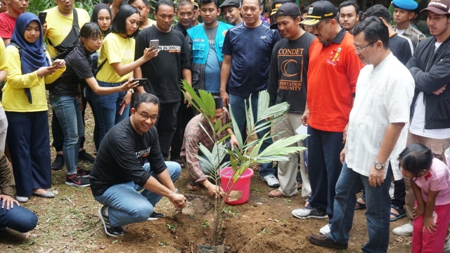 Gubernur DKI Jakarta Anies Baswedan menanam pohon di perayaan hari Ciliwung yang ke 7, Minggu (11/11/2018). (Foto: Iqbal Firdaus/kumparan)