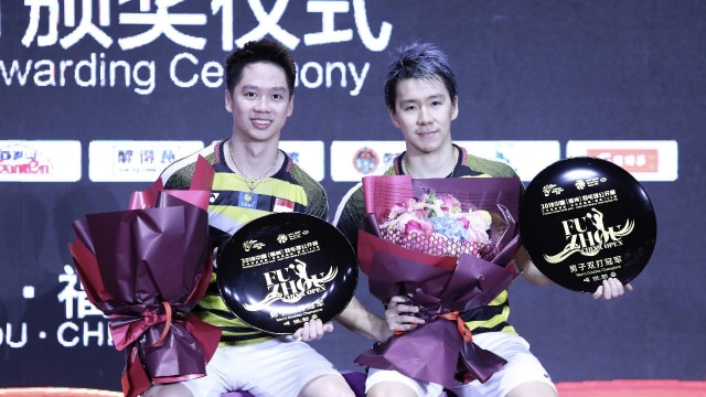 Marcus Fernaldi Gideon/Kevin Sanjaya Sukamujo juara di Fuzhou China Terbuka 2018 BWF Super 750. (Foto: Dok. PBSI)