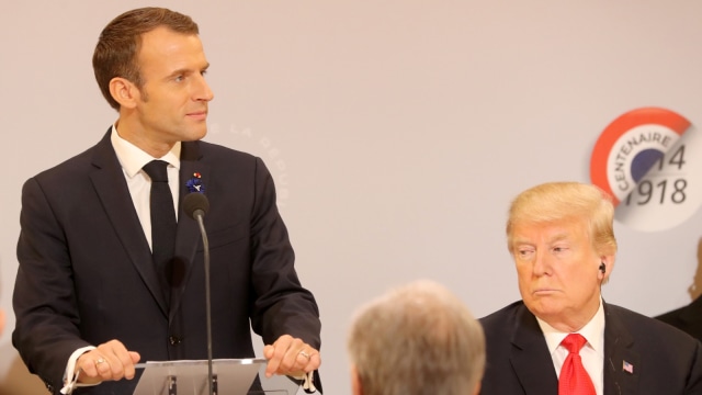 Presiden Prancis Emmanuel Macron menyampaikan pidato di peringatan Hari Gencatan Senjata, 100 tahun setelah Perang Dunia Pertama, di Paris, Prancis. (Foto: Jacques Demarthon / Pool via REUTERS)
